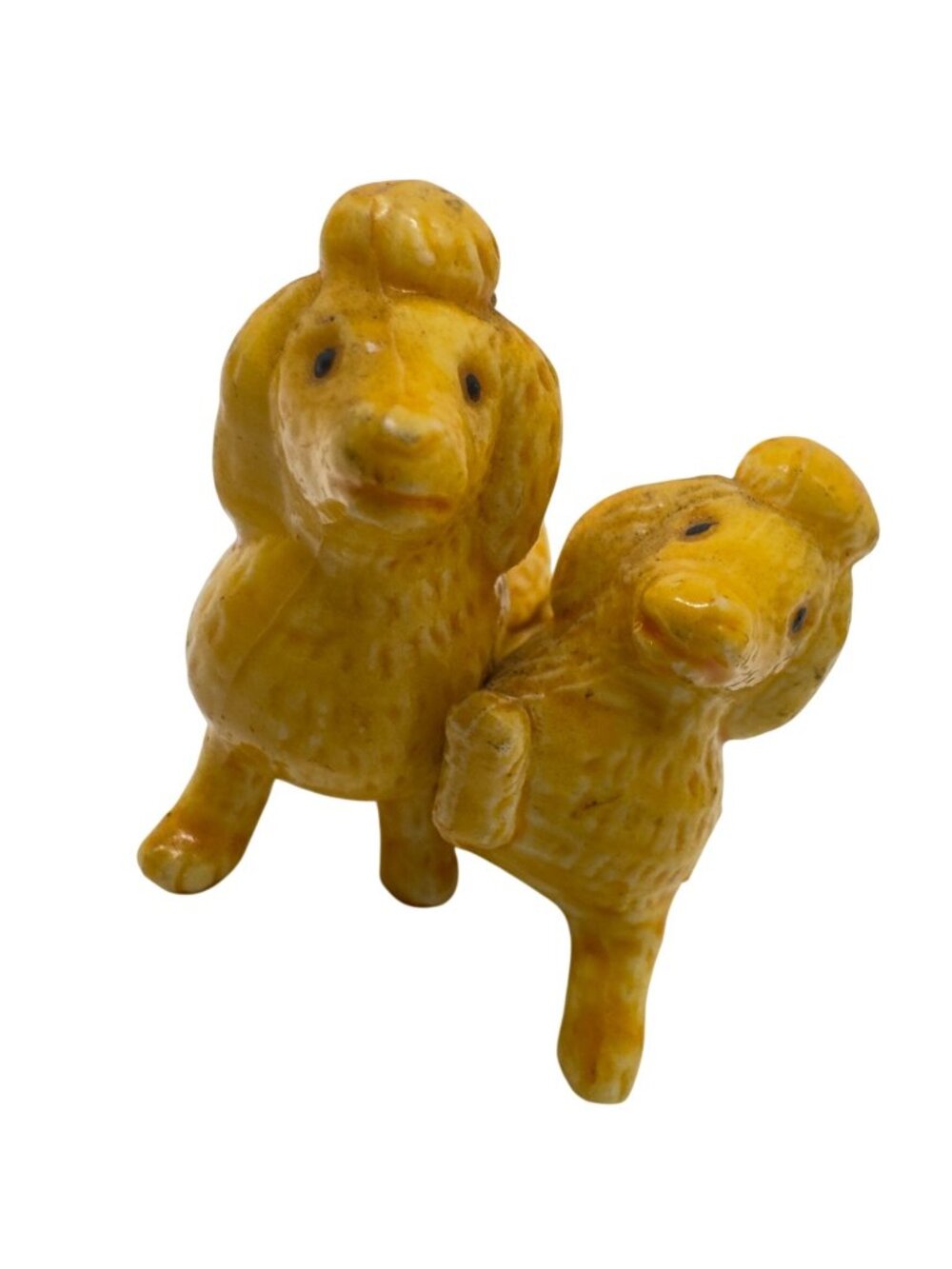 Vtg 1950s Yellow Plastic French Poodle Mom Puppy Dog Figurine Miniature 2"